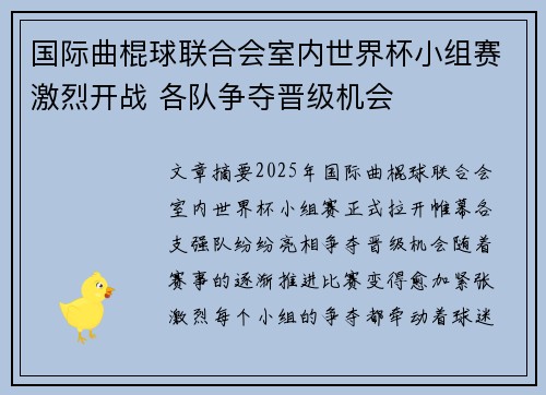 国际曲棍球联合会室内世界杯小组赛激烈开战 各队争夺晋级机会